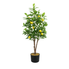 Copac artificial lamaie 130 cm cu ghiveci, fundal transparent, frunze verzi si lamai galbene realiste, decor interior elegant
