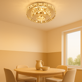 Lustra LED rotunda 46W alb cu lumina reglabila si telecomanda, instalata intr-o zonă de dining moderna si luminata uniform