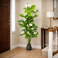 Copac artificial 110 cm flori magnolie albe in hol intrare decor elegant luminos frunze verzi lucioase