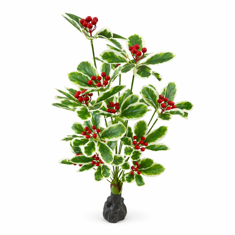 opac artificial 110 cm frunze variegate fructe rosii decor realist fara intretinere