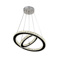 Lustra LED cristal 2 cercuri 80W cu telecomanda, design modern pentru living cu tavan inalt