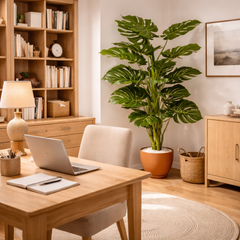 Planta artificiala Monstera 130cm cu frunze verzi mari decorative, ideala pentru decor birou sau camera de studiu