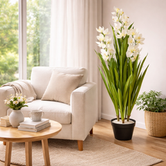 Planta artificiala orhidee alba 140cm cu frunze verzi decorative, decor elegant pentru living sau colt TV modern
