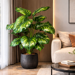 Planta artificiala decorativa cu frunze verzi tip calathea amplasata langa canapea in living modern, decor natural elegant pentru coltul camerei.