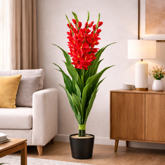 Planta artificiala cu flori rosii tip gladiola 110 cm in ghiveci negru, decor elegant langa canapea in living modern