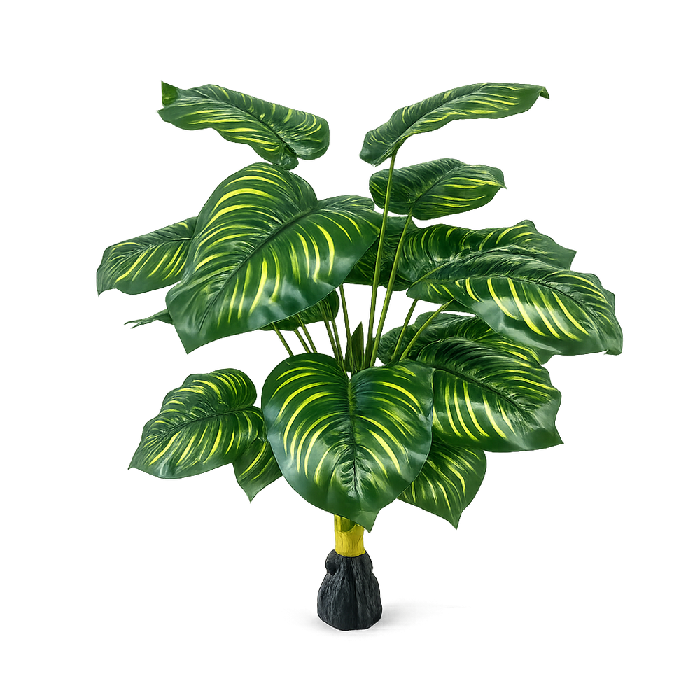 Planta artificiala decorativa cu frunze verzi tip calathea in ghiveci negru, planta decorativa artificiala pentru living, birou sau hol.