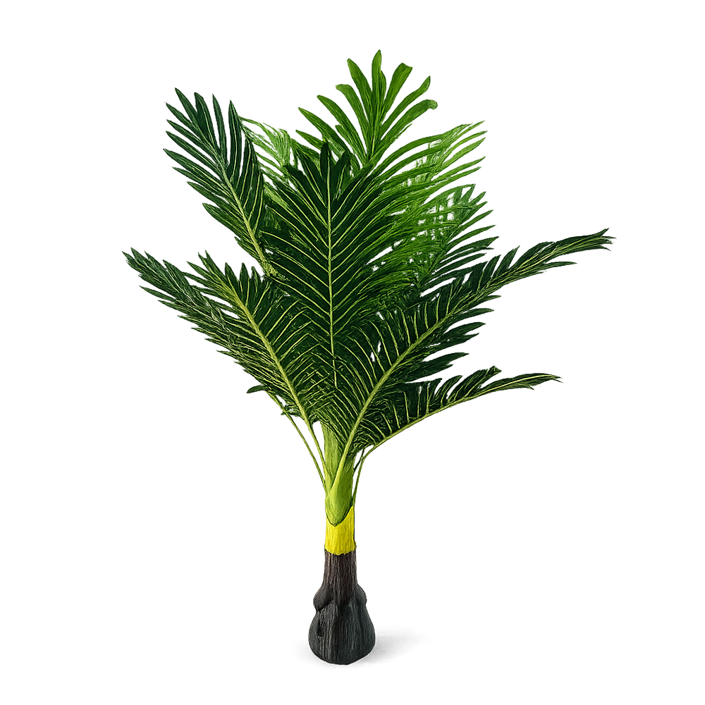 Planta artificiala decorativa tip palmier 105 cm cu frunze verzi in ghiveci negru, planta decorativa artificiala pentru living, birou sau hol.
