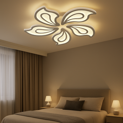 Lustra LED floral alba Ø690, 150W, design petale, lumina reglabila cu telecomanda, scena living modern si luminos.