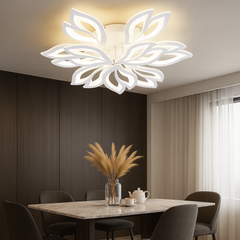 Lustra LED 19250/6+3N WH 160W cu lumina ajustabila 3000–6500K, montata intr-un spatiu de dining modern pentru iluminare uniforma si atmosfera placuta.