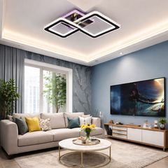 Lustra LED patrata 72W cu telecomanda montata pe tavan in living modern geometric