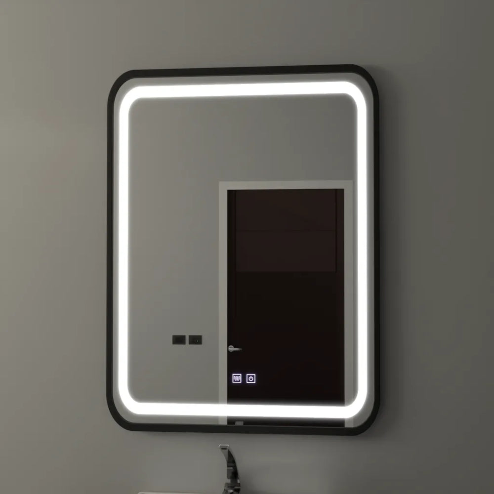 Oglinda LED dreptunghiulara 60x80 cm cu rama negru carbon, control tactil, lumina rece si sistem de dezaburire pentru baie moderna.