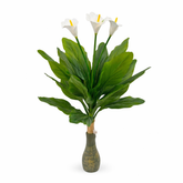 Planta artificiala cala 100 cm cu flori albe, fundal transparent, frunze verzi naturale, decor interior elegant