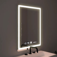 Oglinda LED 60x80 cm cu dezaburire, ceas, termometru si control tactil, ideala pentru bai moderne.