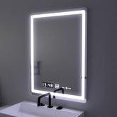 Oglinda LED 60x80 cm cu dezaburire, ceas, termometru si control tactil, ideala pentru bai moderne.