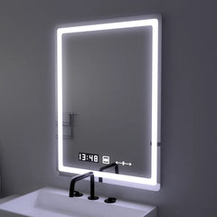 Oglinda LED 60x80 cm cu dezaburire, ceas, termometru si control tactil, ideala pentru bai moderne.