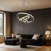 Lustra LED cristal trei cercuri 174W cu telecomanda, design spectaculos pentru living cu tavan inalt