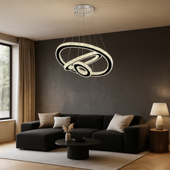 Lustra LED cristal trei cercuri 174W cu telecomanda, design spectaculos pentru living cu tavan inalt