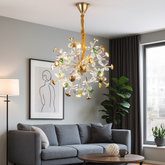 Candelabru rotund auriu cu cristale colorate in living modern, 24 surse G4, efect artistic spectaculos, iluminare premium, Ø500 mm