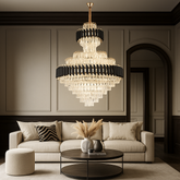 Candelabru cristal rotunda auriu negru Ø800 H1050 in living cu tavan inalt, 20 E27, iluminare lux intensa