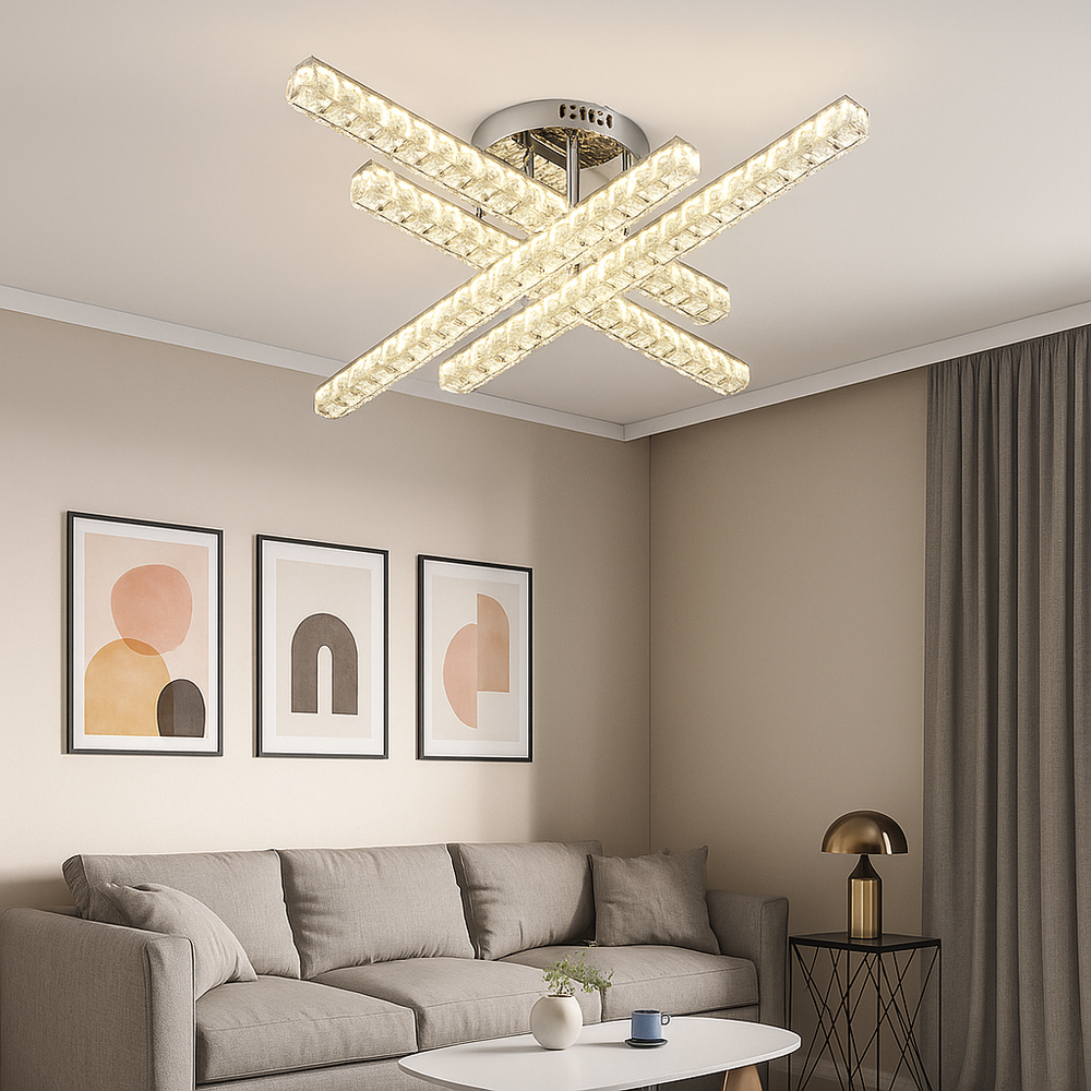 Lustra LED patrata alb JB003-4 cu telecomanda, montata in living modern, iluminare reglabila pentru ambient uniform