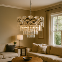 Candelabru rotund crom cu 8 becuri E27 in living elegant, diametru 400 mm, lumina puternica si design clasic rafinat