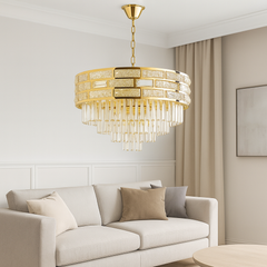 Candelabru rotund auriu Ø600 cu 12 becuri E27 intr-un living mare elegant, lumina intensa decorativa si stil rafinat.