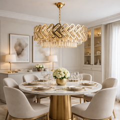 Candelabru auriu decorativ cu 10 surse E27 si elemente transparente, iluminare sofisticata pentru dining modern