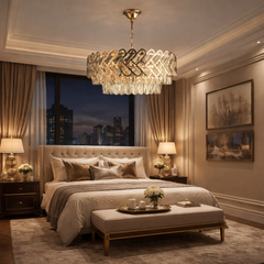 Candelabru suspendat auriu cu 12 becuri E27 si accente transparente, stil rafinat contemporan, lumina ambientala pentru dormitor mare