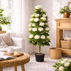 copac artificial cu trandafiri albi 110cm planta decorativa in ghiveci negru pentru living decor colt modern