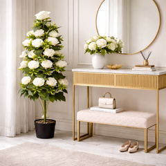 copac artificial cu trandafiri albi 110cm planta decorativa in ghiveci negru pentru hol intrare stil lux