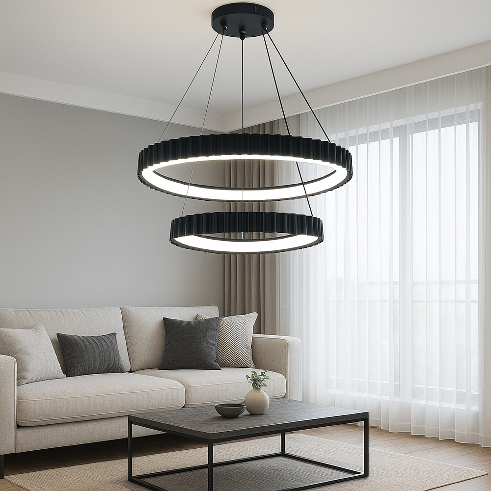 Lustra LED doua cercuri neagra suspendata in living modern, 630mm, lumina reglabila cu telecomanda