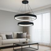 Lustra LED doua cercuri neagra suspendata in living modern, 630mm, lumina reglabila cu telecomanda