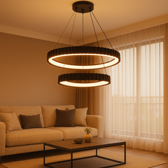 Lustra LED doua cercuri neagra suspendata in living modern, 630mm, lumina reglabila cu telecomanda