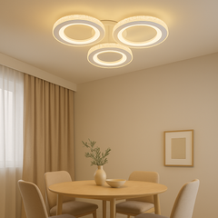 Lustra LED 26032/3C WH+CR 94W cu lumina reglabila 3000–6500K, perfecta pentru dininguri moderne ce necesita iluminare eleganta si finisaj alb-crom cu cristale.