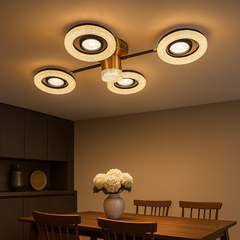 Lustra LED 26053/2+2+1GM+FGD 114W cu reglaj 3000–6500K si telecomanda, perfecta pentru zone de dining moderne ce necesita iluminare eficienta si accente aurii elegante.