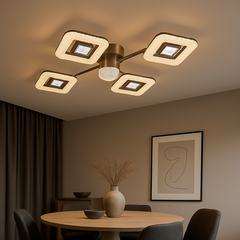 Lustra LED 26054/2+2+1GM+FGD 114W cu reglaj 3000–6500K si telecomanda, ideala pentru zone de dining moderne ce necesita iluminare eficienta si accente aurii elegante.