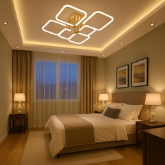 Lustra LED 26077/4+2FGD+WH 116W cu lumina ajustabila 3000–6500K, perfecta pentru dormitor modern, cu telecomanda pentru control rapid.