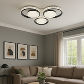 Lustra LED moderna cu trei cercuri alb negru, 72W×2, lumina reglabila prin telecomanda 3000K–6500K, ideala pentru living modern si elegant, model 26232/3+3 WH+MB.