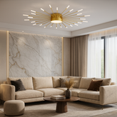 Lustra LED moderna aurie cu design tip raze, diametru mare D1150 mm si lumina reglabila 3000–6500K prin telecomanda, ideala pentru living spatios, model 27127/30+1.