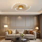 Lustra LED moderna aurie cu design tip soare, diametru mare D1280 mm si lumina reglabila 3000–6500K prin telecomanda, ideala pentru living spatios, model 27127/42+1.