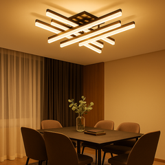 Lustra LED geometrica 144W negru mat cu lumina reglabila 3300K-6500K si telecomanda, ideala pentru un dining modern cu iluminare eleganta si versatila