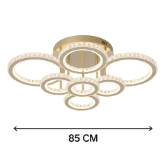 Lustra LED 328W cu 8 inele, cristal si lumina RGB, reglabila 3500K-6500K, potrivita pentru iluminarea moderna si dinamica a unui birou contemporan