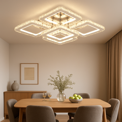 Lustra LED 200W geometrica cu efect Halo, flux 9350 lm si lumina reglabila 3500K-6500K cu telecomanda, perfecta pentru un dining modern si luminos