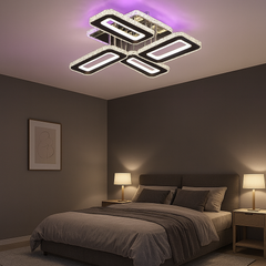 Lustra LED patrata 2x72W cu lumina reglabila 3500K-6500K si efecte RGB cu telecomanda, ideala pentru dormitoare moderne cu iluminare creativa si confortabila