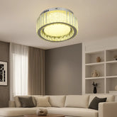 Lustra LED rotunda Ø300 cu efect cristal si telecomanda montata pe plafon in living modern