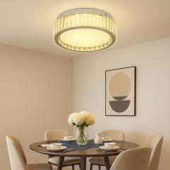 Lustra LED rotunda Ø500 cu design tip cristal aplicata pe tavan in dining elegant