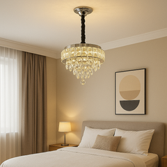 Candelabru LED rotund cu cristal in dormitor elegant, Ø300 mm, 52W, lumina calda-rece reglabila, cu telecomanda