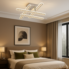 Lustra LED geometrica 200W cu RGB si lumina ajustabila 3500K-6500K cu telecomanda, ideala pentru dormitoare moderne cu atmosfera relaxanta sau creativa