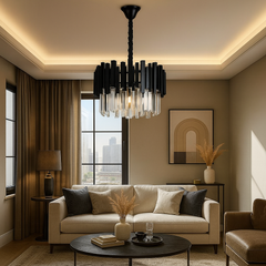 Candelabru rotund negru cu cristale, 5 becuri E27, iluminare eleganta si moderna pentru living spatios.