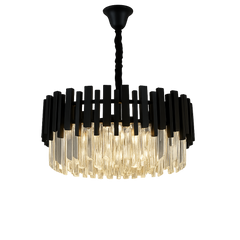 Candelabru rotund negru Ø50 cm cu cristale, 8 becuri E27, iluminare rafinata pentru birou modern.